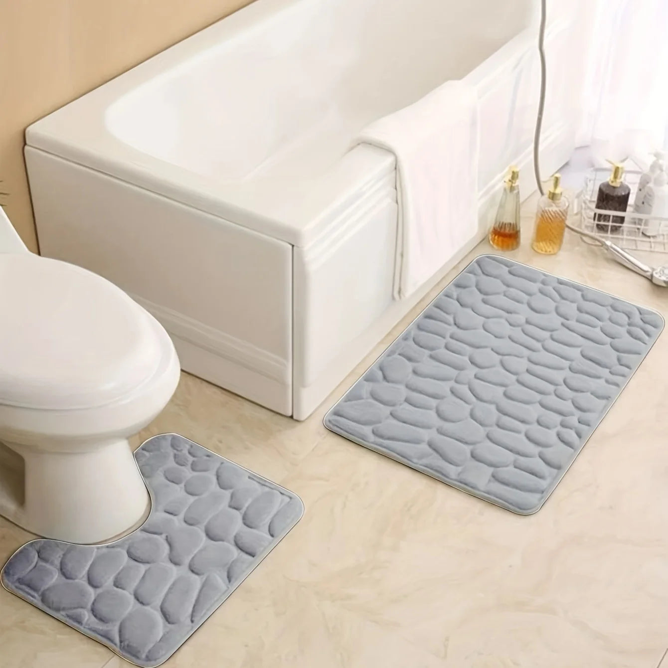 2-Piece Set Embossed Stone Pattern Bathroom Toilet Mats