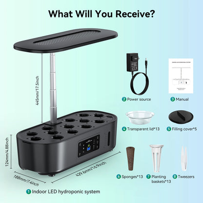 13-Pod Indoor Hydroponics Kit with LED Lights & Timer